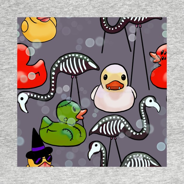 Spooky Halloween Rubber Ducks and Pink Flamingo Skeletons Gray by JamieWetzel